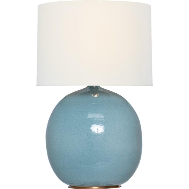 Transitional Thomas O'Brien by Visual Comfort Signature Sao Paulo 29" Table Lamp in Crackled Robin with Linen Shade For Sale - Image 3 of 3