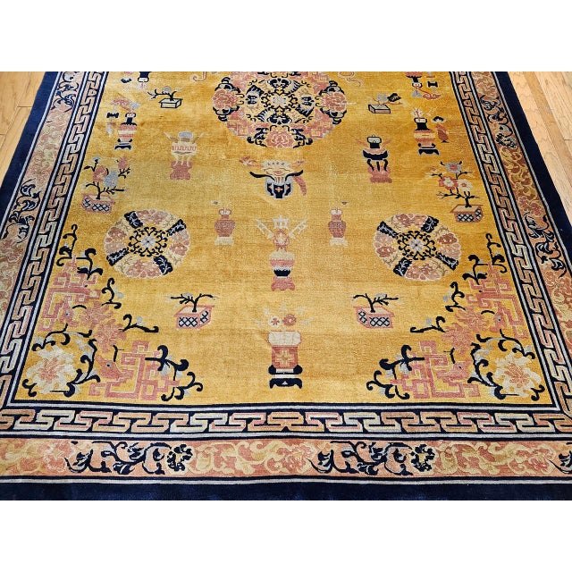 Antique Art Deco Chinese Rug, Hand-Knotted Wool, Pastel Yellow & Blue, 10x15 For Sale - Image 13 of 18