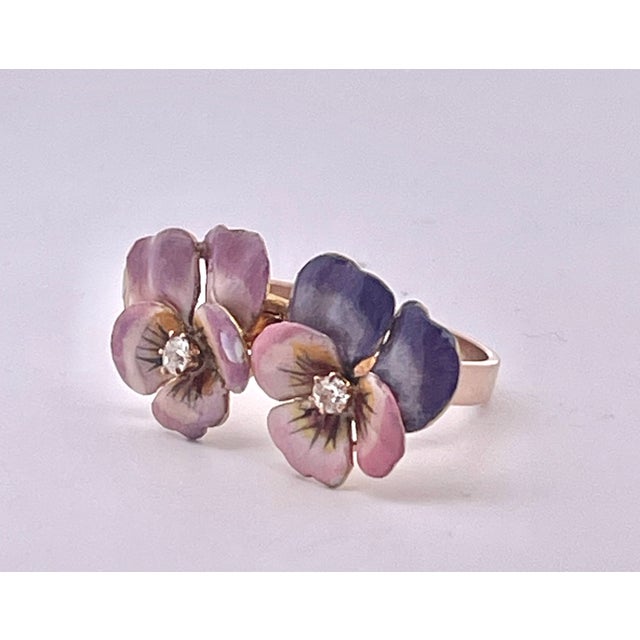 Metal Antique 14k Yellow Gold Double Pansy Brooch With Diamonds, Circa 1960s, Size 6.25 For Sale - Image 7 of 8