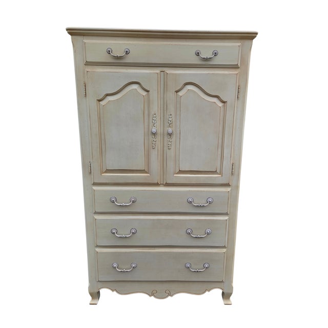 1990s Ethan Allen Country French Linen Chest Armoire Dresser Chifforobbe White Wood For Sale - Image 9 of 15