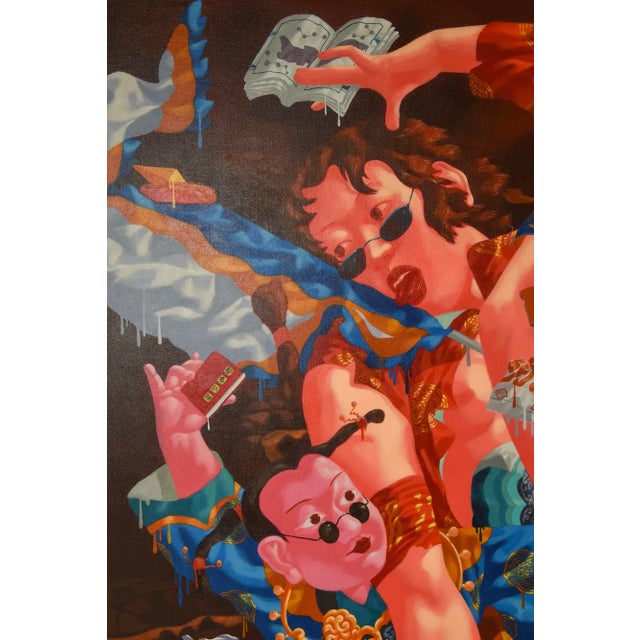 Lu Peng Large Colorful Provocative Acrylic Painting Titled Floating, 1996, Chinese For Sale - Image 4 of 11