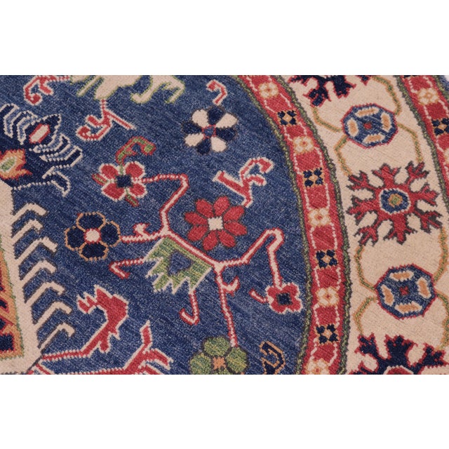 Southwestern Kazak Smoot Blue/Ivory Wool Round Rug- 4'10''x4'10'' For Sale In New York - Image 6 of 9