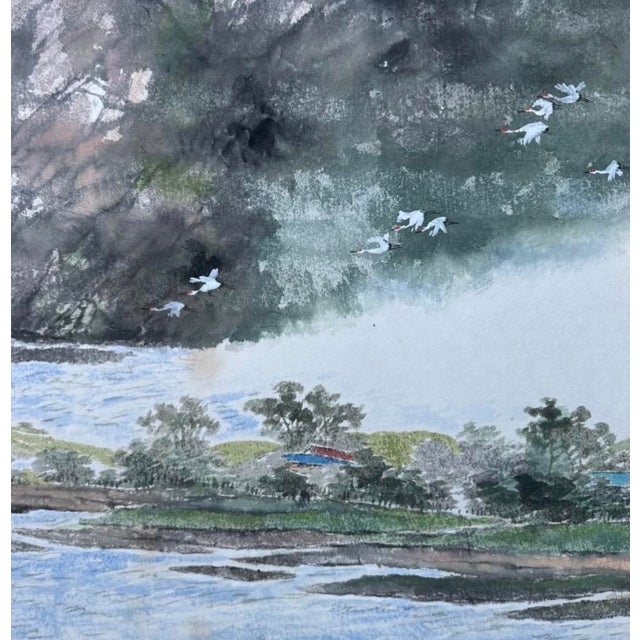 Mid 20th Century Monumental Chinese 6 Panel Hand-Painted Landscape Screen W/ Cranes & Calligraphy For Sale - Image 9 of 18