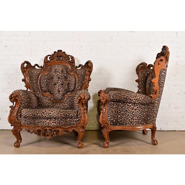 Italian Baroque Ornate Carved Walnut Throne Chairs or Lounge Chairs With Leopard Print Upholstery For Sale - Image 10 of 12