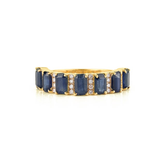 2.7ct Blue Sapphire & Diamond Wedding Band Ring Size 4 in 14k Yellow Gold For Sale - Image 4 of 16
