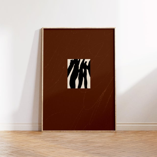 Abstract open edition giclee print by artist Anna Pepe Elegant black and beige brush strokes or lines composition on brown...