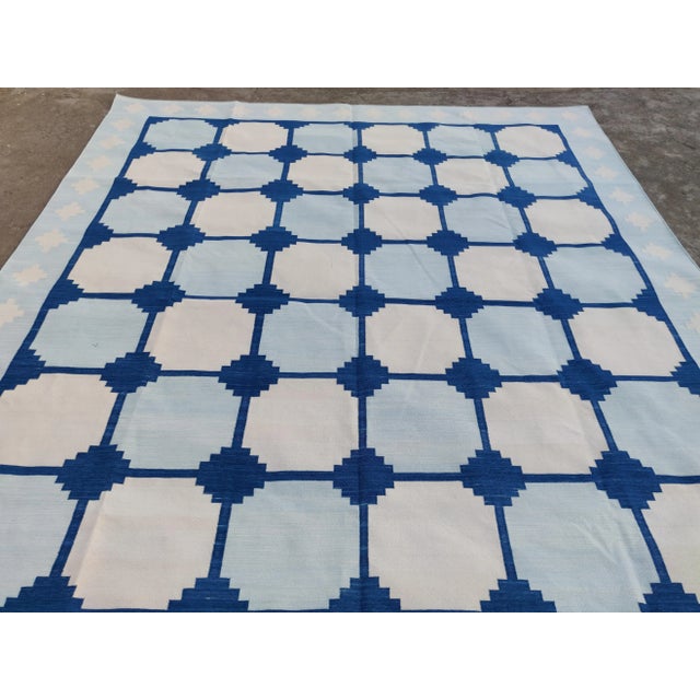 Sky Blue Handmade Cotton Natural Vegetable Dyed Reversible Light and Indigo Blue and White Box Pattern Vista Rug - 8'x10' For Sale - Image 8 of 11