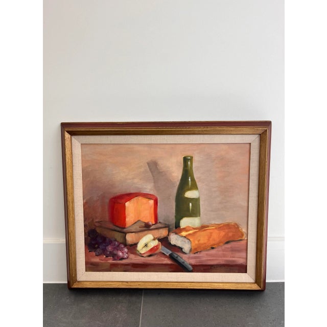Vintage mid century oil painting on board of still-life wine and cheese/bread/fruit board. Signed by the artist (Condic)...
