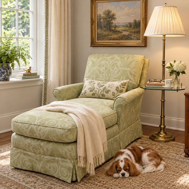 THE GUEST BEDROOM - The Reading Corner A place to unwind after a long trip. This custom upholstered reading chaise lounge...