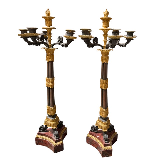 Pair of Antique 19c French Empire Gilt Bronze & Rouge Marble Candelabra.