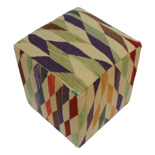 Shabby Chic Ivory/Red Handmade Kilim Upholstered Ottoman For Sale