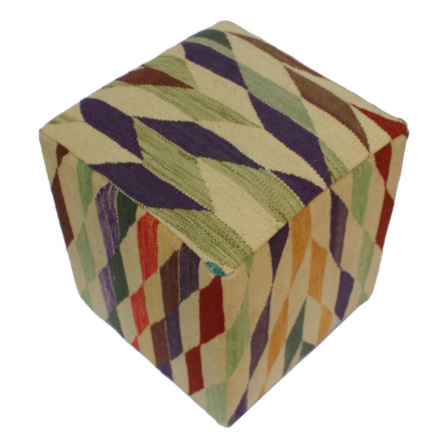 Shabby Chic Ivory/Red Handmade Kilim Upholstered Ottoman For Sale