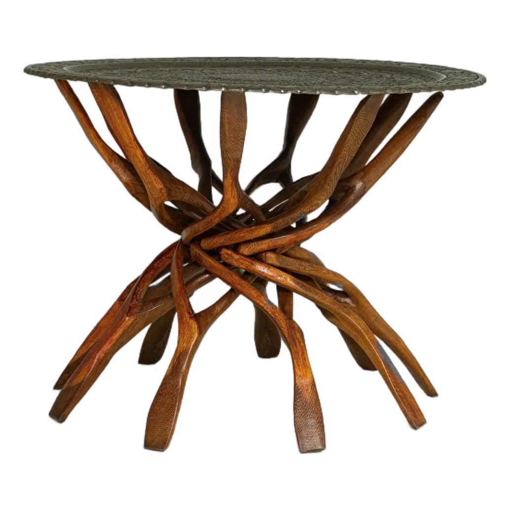 1960s African Hand-Carved Interlocking Wooden Table With Brass Top ...