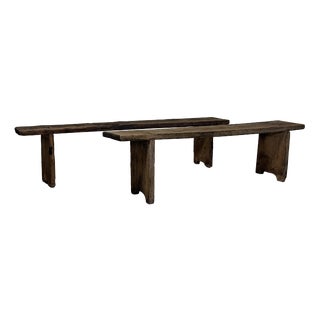 20th Century Folk Art Rustic Italian Wooden Benches, 1890s, Set of 2 For Sale