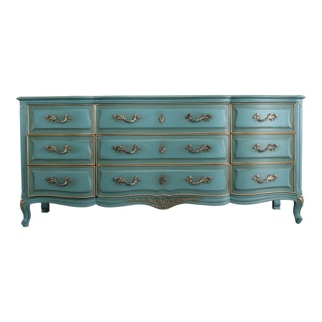 Vintage French Style Teal Dresser of Nine Drawers Chairish