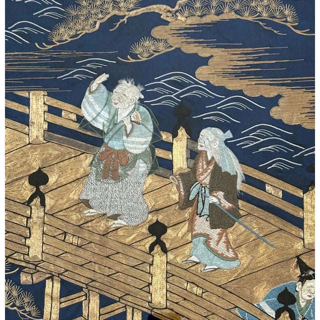 Blue Framed Antique Japanese Embroidery Fukusa Panel Takasago Legend For Sale - Image 8 of 12