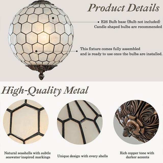 Contemporary Vintage Aloadecor 1-Light 12'' Brass French Vintage Cosatal Glam Chandelier With Natural Capiz Shell Globe Lantern Hanging Light For Sale - Image 3 of 8