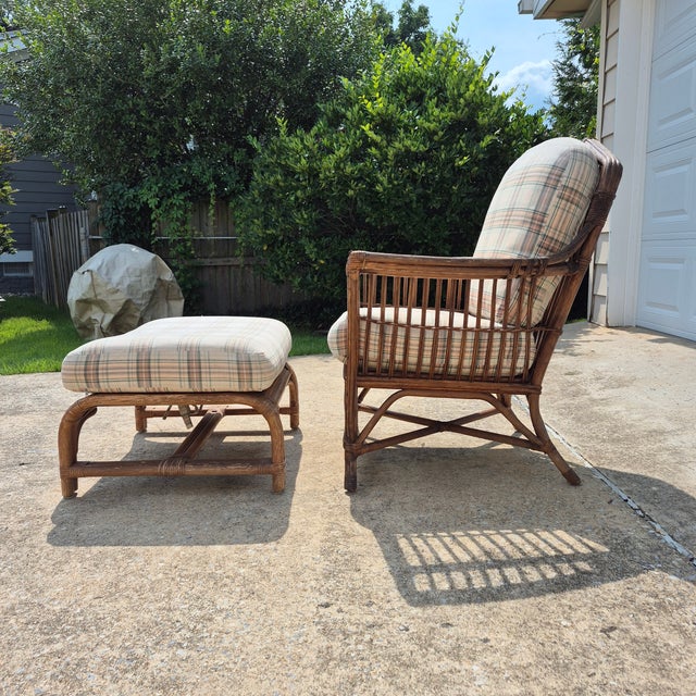 1970s Lane Venture Stick Wicker Rattan Arm Chair & Ottoman, Set of 2 For Sale - Image 14 of 14
