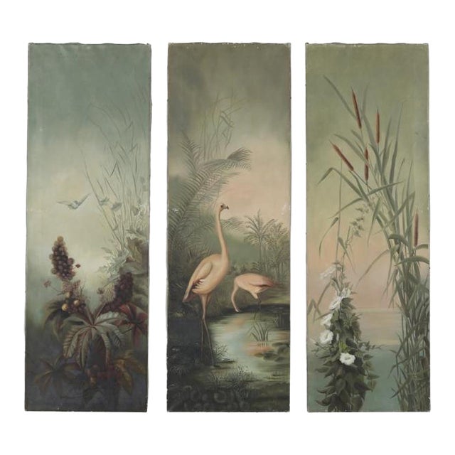 Antique Triptych of Flamingos In Tropical Landscape For Sale