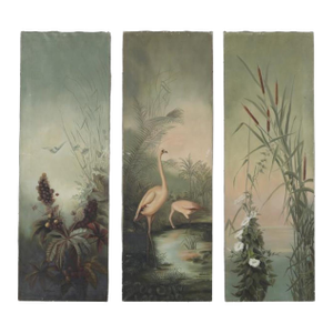 Antique Triptych of Flamingos In Tropical Landscape