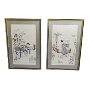 Late 20th Century Antique Pair of Chinese Embroidered Silk Panels- Ladies in Garden Framed