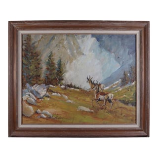Vintage Howard Carr Prong Horn Frolicking Oil Painting For Sale