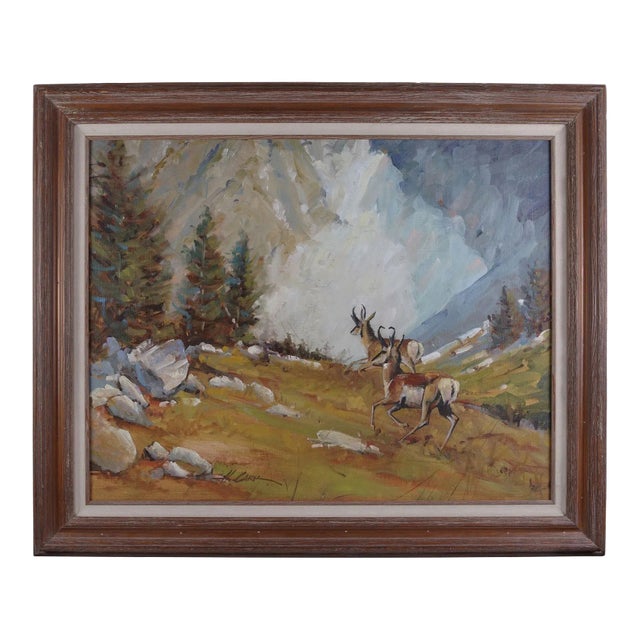Vintage Howard Carr Prong Horn Frolicking Oil Painting For Sale