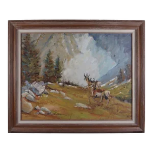 Vintage Howard Carr Prong Horn Frolicking Oil Painting