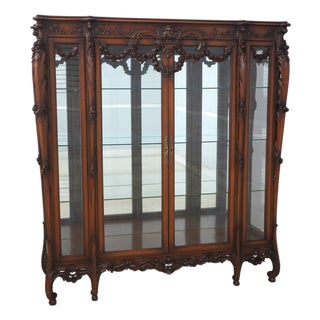 French Rococo Carved Walnut Curio Display Cabinet Vitrine For Sale