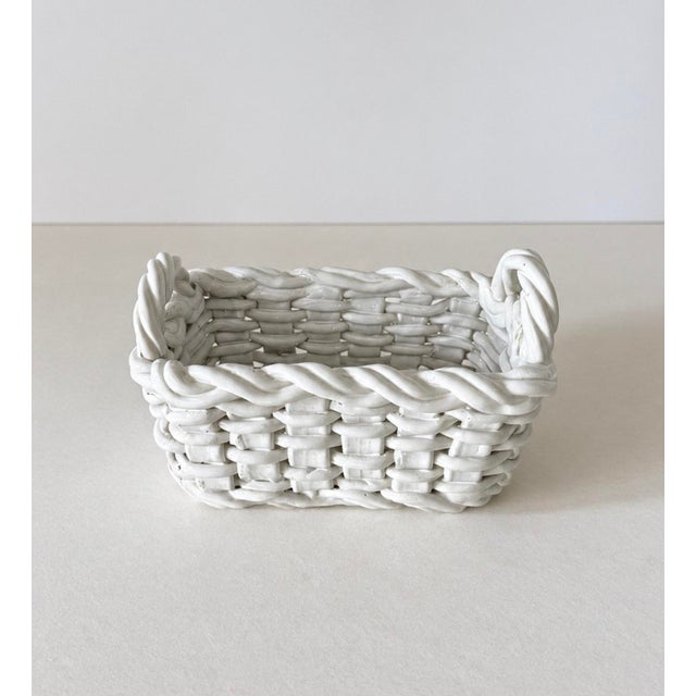 Eggshell 1980s White Ceramic Woven Lattice Rectangular Handled Cachepot or Basket For Sale - Image 8 of 11