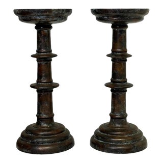Impressive Maitland Smith Bronze Candlesticks or Candle Holders Colonial / Gothic Design For Sale