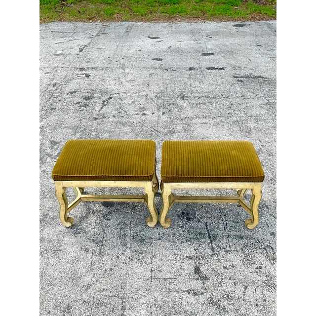 Vintage Pair of Carved Wood Corduroy Stools For Sale In West Palm - Image 6 of 6