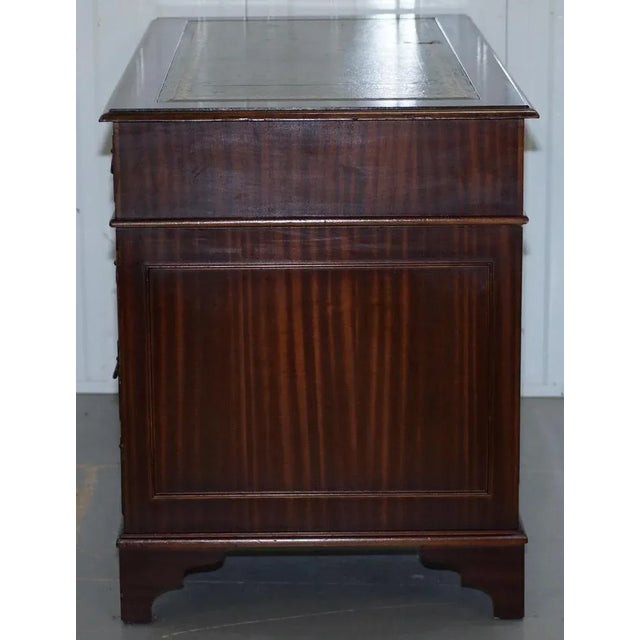 Hardwood & Green Leather Partner Desk with Sliding Keyboard Shelf & Twin Pedestals For Sale - Image 14 of 18