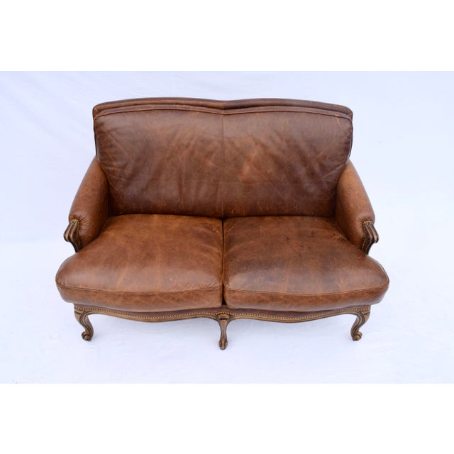 English Vintage Louis XV Style Leather Loveseat Sofa For Sale - Image 3 of 12