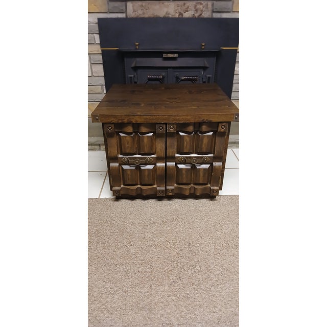 1980s Mid-Century Modern Carved Wood Cabinet With Brass Accents For Sale - Image 10 of 12