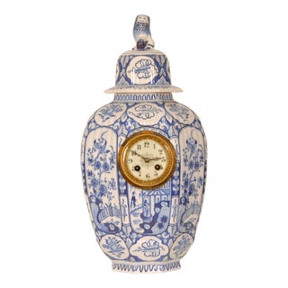 Antique Delft Vase Clock, Blue White Chinoiserie Vase Kangxi Style, Foo Dog Finial For Sale