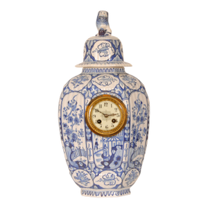 Antique Delft Vase Clock, Blue White Chinoiserie Vase Kangxi Style, Foo Dog Finial