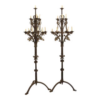 Early 20th Century Gothic Wrought Iron Candelabra Floor Lamps - a Pair For Sale