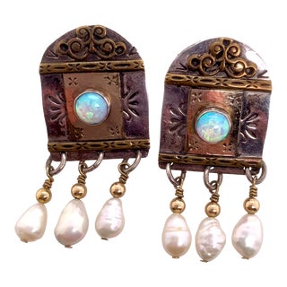 1980s Sterling Silver Designer Pierced Earrings With Opals and Pearl Drops - 2 Pieces For Sale