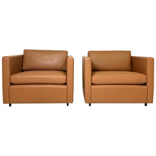 Charles Pfister for Knoll Tuxedo Box Club Chairs in Saddle Leather, Pair For Sale
