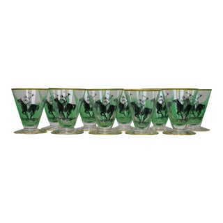 Set X 10 C1930s Hand Enamel Painted Polo Player Cordial Glasses For Sale