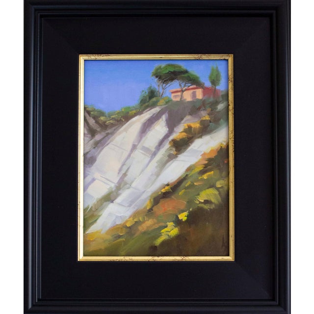 This oil on panel work captures a serene hillside scene, where gentle slopes meet a vibrant sky. The interplay of light...
