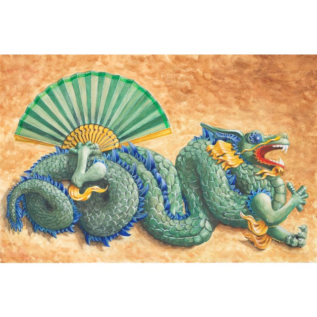 "Barcelona Dragon" Original Watercolor Painting of a Hanging, 3d Sign in Barcelona, Spain For Sale