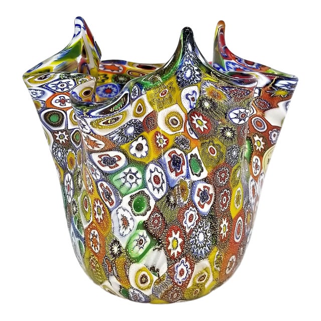 Vintage Murano Glass Hankerchief Vase - Millifiori and Gold by Campanella- Signed - Italy Italian Palm Beach Boho Chic Mid Century Modern For Sale