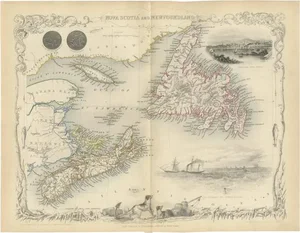 Map of Nova Scotia and Newfoundland by John Tallis, 1851