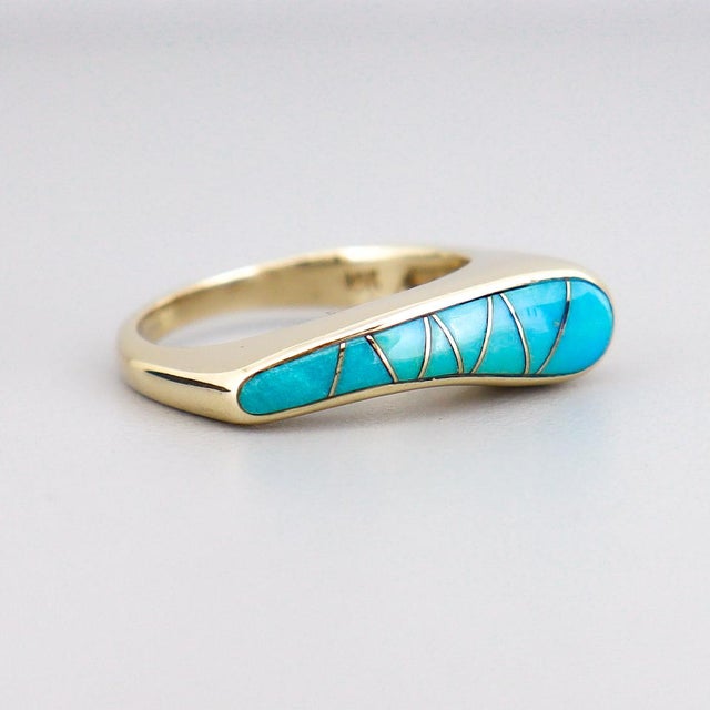 Vintage Modernist 14k Gold & Turquoise Cabochon Cocktail Ring For Sale In Philadelphia - Image 6 of 14