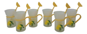 Vintage Lemon Frosted Tea Cups With Yellow Handles and Lemon Spoons Set of 6
