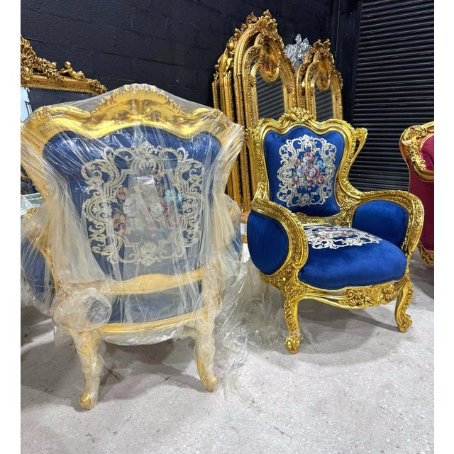 Textile 1990s Blue Bergère Wing Chair – French Style Armchair With Gold Leaf Details For Sale - Image 7 of 8