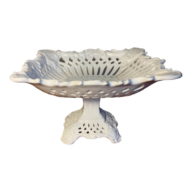 Vintage Italian Majolica Pottery White Pierced Centerpiece Pedestal Compote For Sale