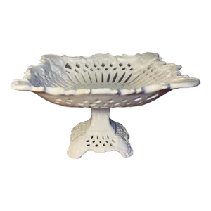 Vintage Italian Majolica Pottery White Pierced Centerpiece Pedestal Compote
